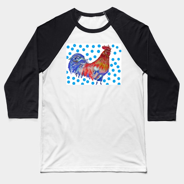 Rooster Watercolor Painting with Blue Polka Dots Baseball T-Shirt by SarahRajkotwala